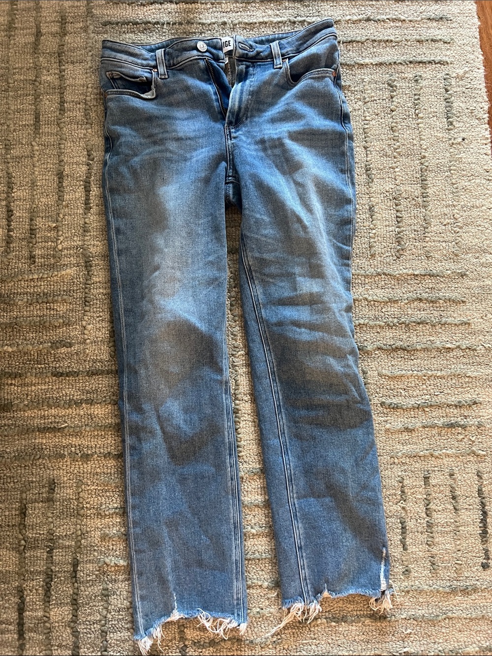 PAIGE Cindy Light Blue Denim Jeans with Faded Wash frayed bottom